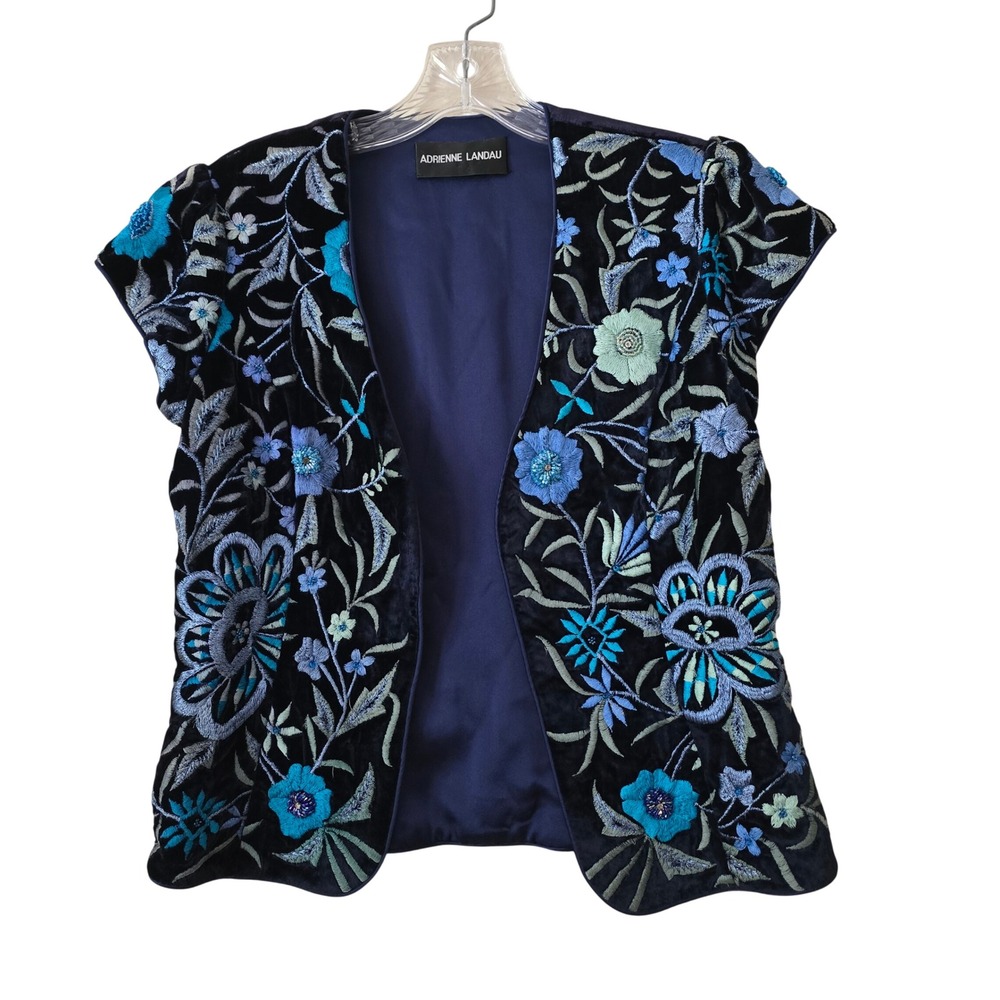 Adrienne Landau Navy Velvet Floral Embroidered Beaded Open Vest Jacket